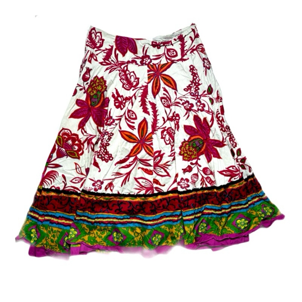 Soft Surroundings White Floral Tiered Midi Skirt with Pink & Green Accents